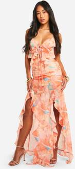 Butterfly Printed Ruffle Split Maxi Rok, Orange - 34