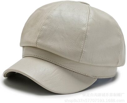 Buttermere Pu Lederen Hoeden Voor Vrouwen Vintage Zwarte Achthoekige Cap Herfst Winter Baret Vrouwen Hoed Effen Krantenverkoper wit