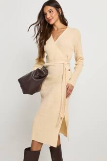 Button Detail Wrap Rib Midaxi Gebreide Jurk, Stone - XS