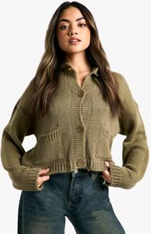 Button Through Soft Knit Cardigan, Khaki - XS