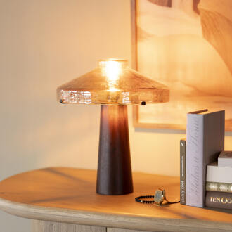 BY-Boo Tafellamp 'Dome' Hout en glas, 35cm hoog Bruin