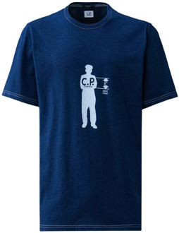 C.P. Company Blauw Katoenen T-shirt met Geribbelde Ronde Hals C.p. Company , Blue , Heren - Xl,M,S