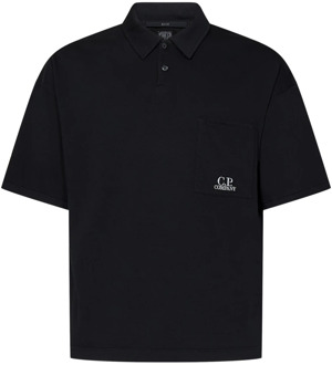 C.P. Company Zwart Boxy Fit Poloshirt met Logo Borduursel C.p. Company , Black , Heren - S