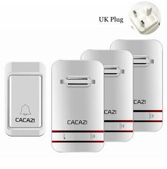 CACAZI Self-Powered Draadloze Deurbel Waterdicht Geen Batterij LED Licht Draadloze deurbel chime US UK EU Plug 1 knop 3 Ontvanger V027G-UK