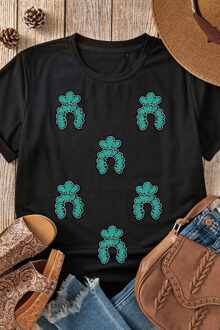 Cactusprint T-shirt met Korte Mouwen Zwart