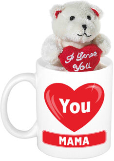 Cadeau beker hartje I Love Mama + beertje met hartje - Moederdag/ Moeder cadeautje - feest mokken Multikleur