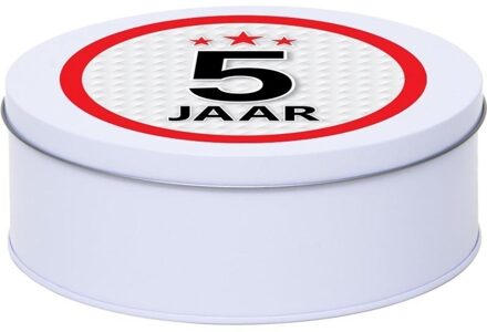 Cadeau/kado wit rond blik 5 jaar 18 cm