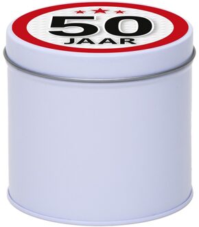 Cadeau/kado wit rond blik 50 jaar 10 cm