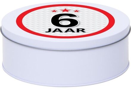Cadeau/kado wit rond blik 6 jaar 18 cm