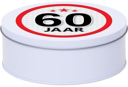 Cadeau/kado wit rond blik 60 jaar 18 cm
