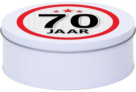 Cadeau/kado wit rond blik 70 jaar 18 cm