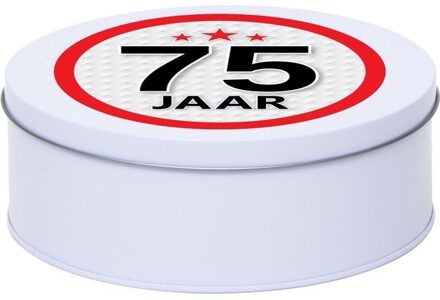 Cadeau/kado wit rond blik 75 jaar 18 cm