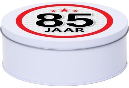 Cadeau/kado wit rond blik 85 jaar 18 cm