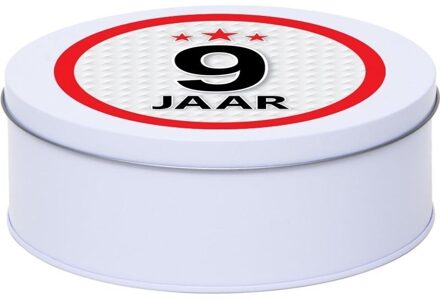 Cadeau/kado wit rond blik 9 jaar 18 cm