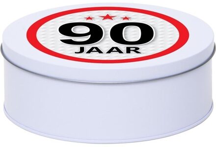 Cadeau/kado wit rond blik 90 jaar 18 cm