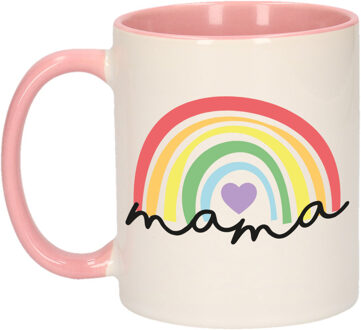 Cadeau koffie/thee mok voor mama - roze met een regenboog - liefde - Moederdag