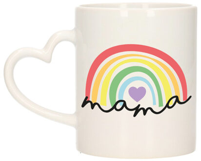 Cadeau koffie/thee mok voor mama - wit met een hartjes oor - regenboog - Moederdag
