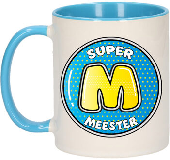 Cadeau koffie/thee mok voor meester - blauw - button - super meester - meesterdag