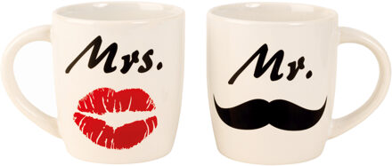 Cadeau koffiemokken/bekers set 2x - Man en vrouw - Huwelijk/bruiloft - wit - 300 ml
