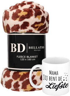 Cadeau moeder set - Fleece plaid/deken panter print met Mama jij bent de liefste mok