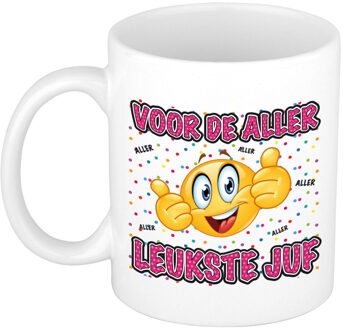 Cadeau mok/beker - Voor de aller leukste juf - wit - 300 ml - feest mokken Roze