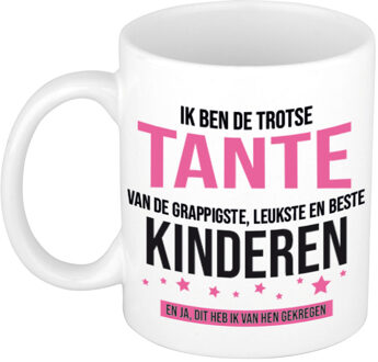 Cadeau mok / beker wit ik ben de trotse tante van de grappigste, leukste en beste kinderen 300 ml - feest mokken Roze