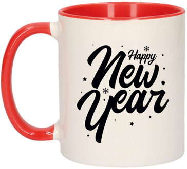 Cadeau mok rood happy new year met sterren en sneeuwvlokken 300 ml - Bekers