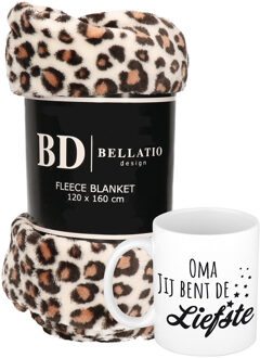 Cadeau oma set - Fleece plaid/deken luipaard print met Oma jij bent de liefste mok