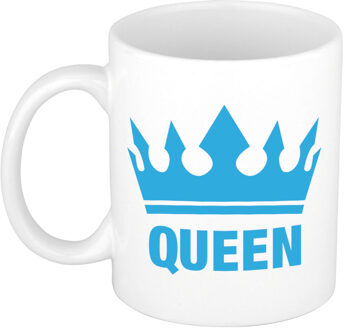 Cadeau Queen mok/ beker wit met blauwe bedrukking 300 ml - feest mokken