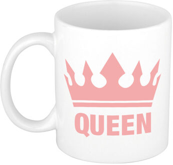 Cadeau Queen mok/ beker wit met roze bedrukking 300 ml - feest mokken