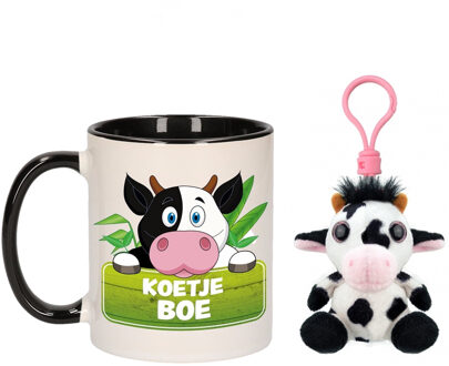 Cadeau set kind - Koe sleutelhanger knuffel 9 cm en Drink mok 300 ml