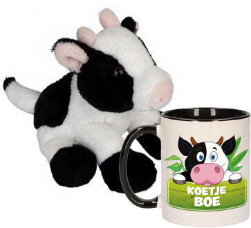Cadeau set kind - Koeien knuffel 15 cm en Drinkbeker/mok Koe 300 ml