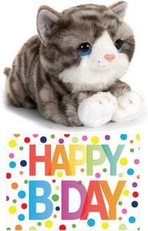 Cadeau setje pluche grijze kat/poes knuffel 32 cm met Happy Birthday wenskaart - Knuffel huisdieren Grijs