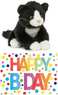 Cadeau setje pluche zwart/witte kat/poes knuffel 18 cm met Happy Birthday wenskaart