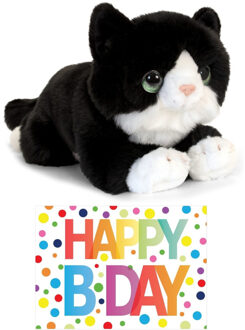 Cadeau setje pluche zwart/witte kat/poes knuffel 32 cm met Happy Birthday wenskaart
