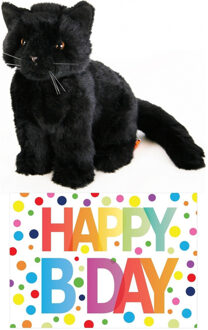 Cadeau setje pluche zwarte kat/poes knuffel 20 cm met Happy Birthday wenskaart - Knuffel huisdieren