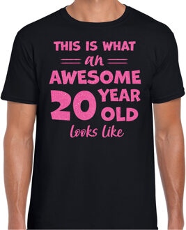 Cadeau t-shirt heren - leeftijd 20 jaar - zwart - glitter roze S