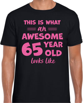 Cadeau t-shirt heren - leeftijd 65 jaar - zwart - glitter roze L