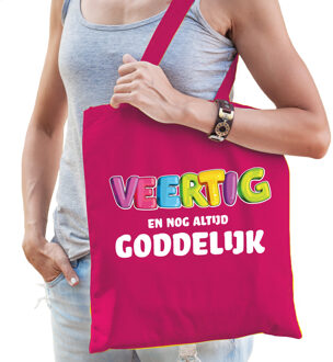 Cadeau tas 40 jaar - veertig en goddelijk - fuchsia roze - katoen - 42 x 38 cm
