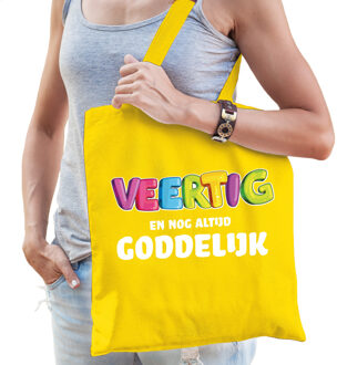 Cadeau tas 40 jaar - veertig en goddelijk - geel - katoen - 42 x 38 cm