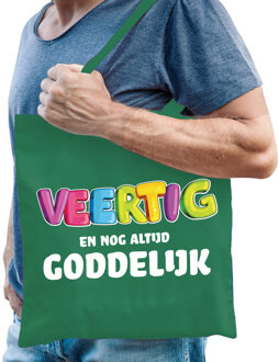 Cadeau tas 40 jaar - veertig en goddelijk - heren - groen - katoen - 42 x 38 cm