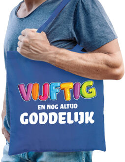 Cadeau tas 50 jaar - vijftig en goddelijk - heren - blauw - katoen - 42 x 38 cm - Abraham