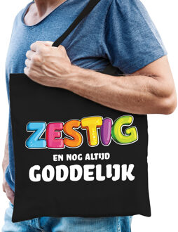 Cadeau tas 60 jaar - zestig en goddelijk - heren - zwart - katoen - 42 x 38 cm