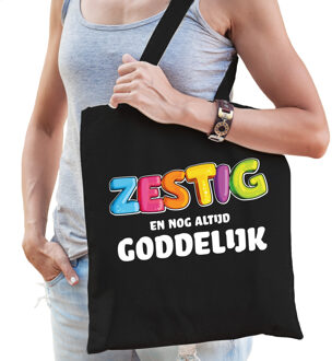 Cadeau tas 60 jaar - zestig en goddelijk - zwart - katoen - 42 x 38 cm