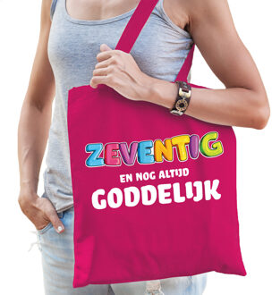 Cadeau tas 70 jaar - zeventig en goddelijk - fuchsia roze - katoen - 42 x 38 cm