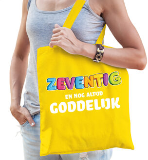 Cadeau tas 70 jaar - zeventig en goddelijk - geel - katoen - 42 x 38 cm