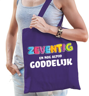 Cadeau tas 70 jaar - zeventig en goddelijk - paars - katoen - 42 x 38 cm