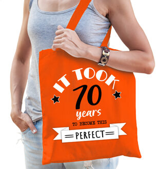 cadeau tas dames - 70 en perfect - oranje - katoen - 42 x 38 cm - zeventig