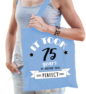 cadeau tas dames - 75 en perfect - blauw - katoen - 42 x 38 cm - vijfenzeventig