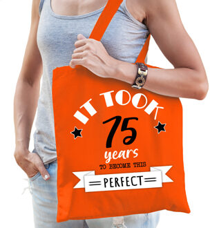 cadeau tas dames - 75 en perfect - oranje - katoen - 42 x 38 cm -vijfenzeventig